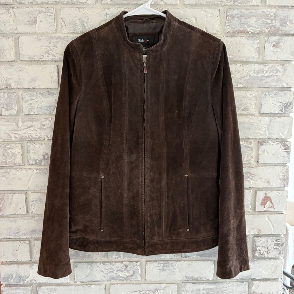 Style & Co Womens Brown Genuine Suede Leather Zip Up Jacket Mock Neck Size M